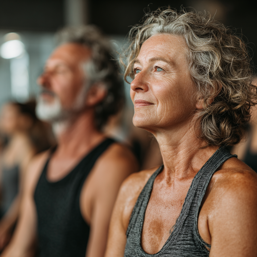 Mature adults practicing gentle yoga poses in bright studio space