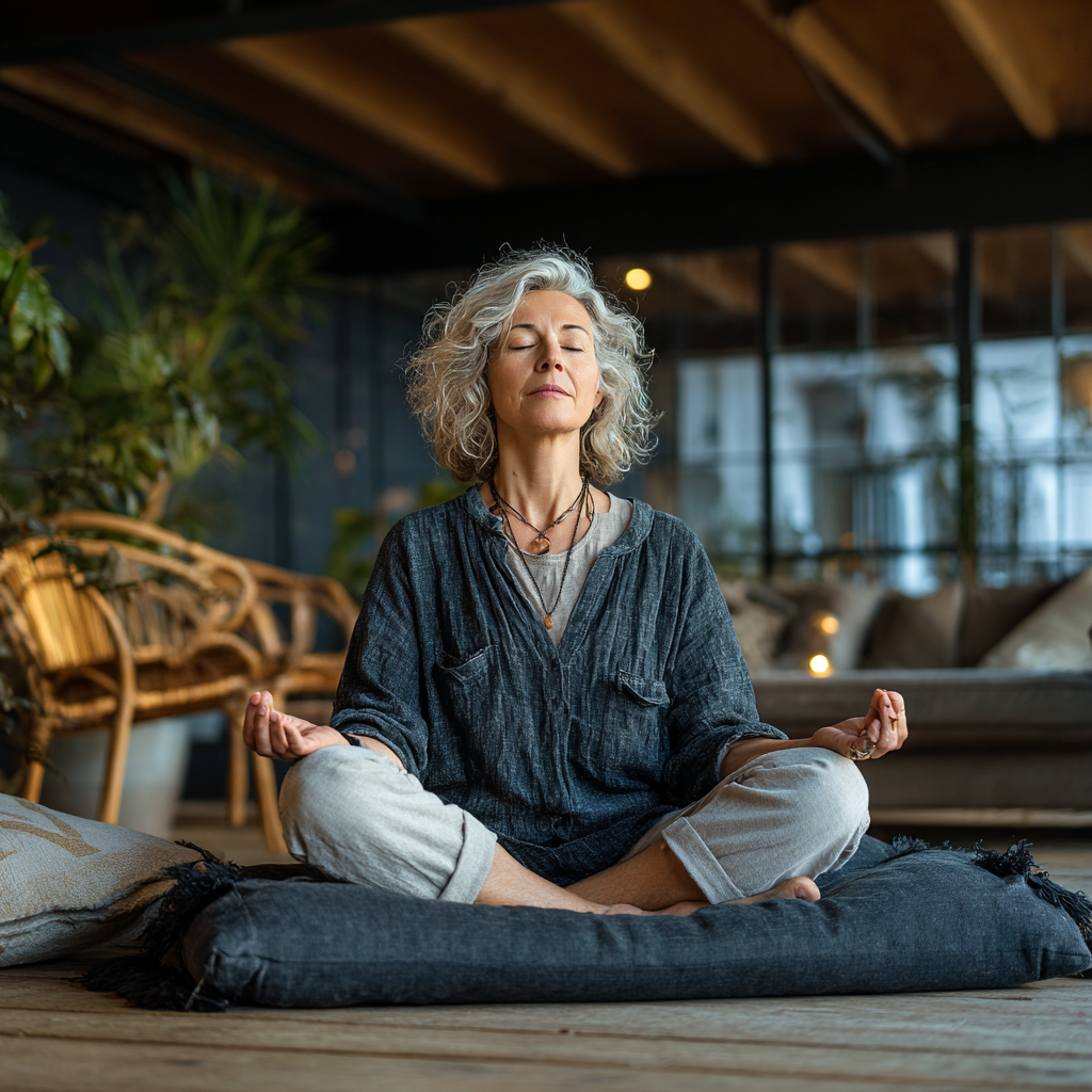 Middle-aged woman practicing meditation in serene indoor environment